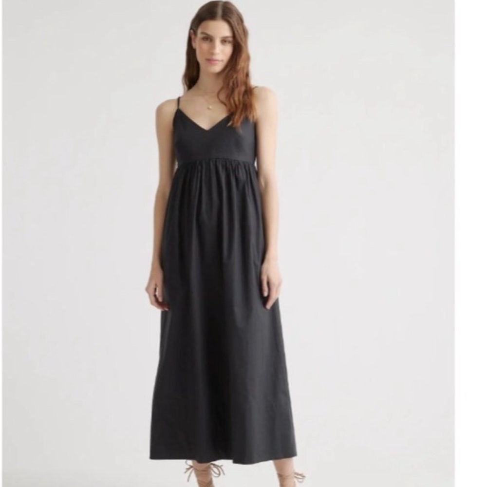 Quince M Black Organic Cotton Sleeveless Maxi Dress Pockets Smocked Back Trapeze